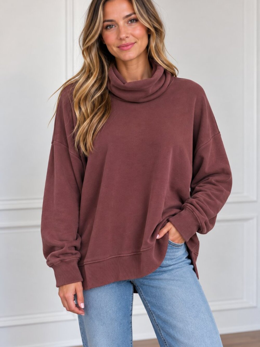 aerie Cozy Cowl Neck Sweatshirt - Plum Berry